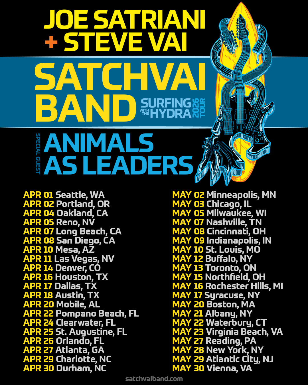 Joe Satriani Surfing With The Hydra 2026 Tour Poster